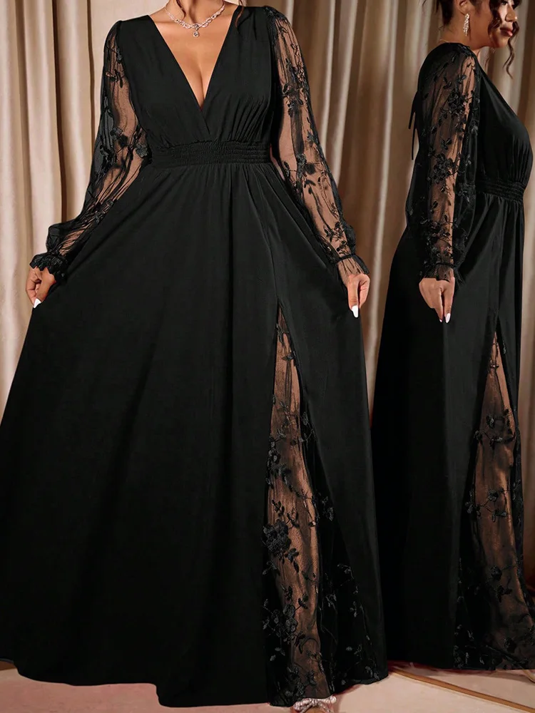 GIBSIE Plus Size Elegant V-Neck Sheer Mesh Sleeve Evening Long Dress Women Autumn Elastic Waist Tie Backless Party Dresses 2026 view 6