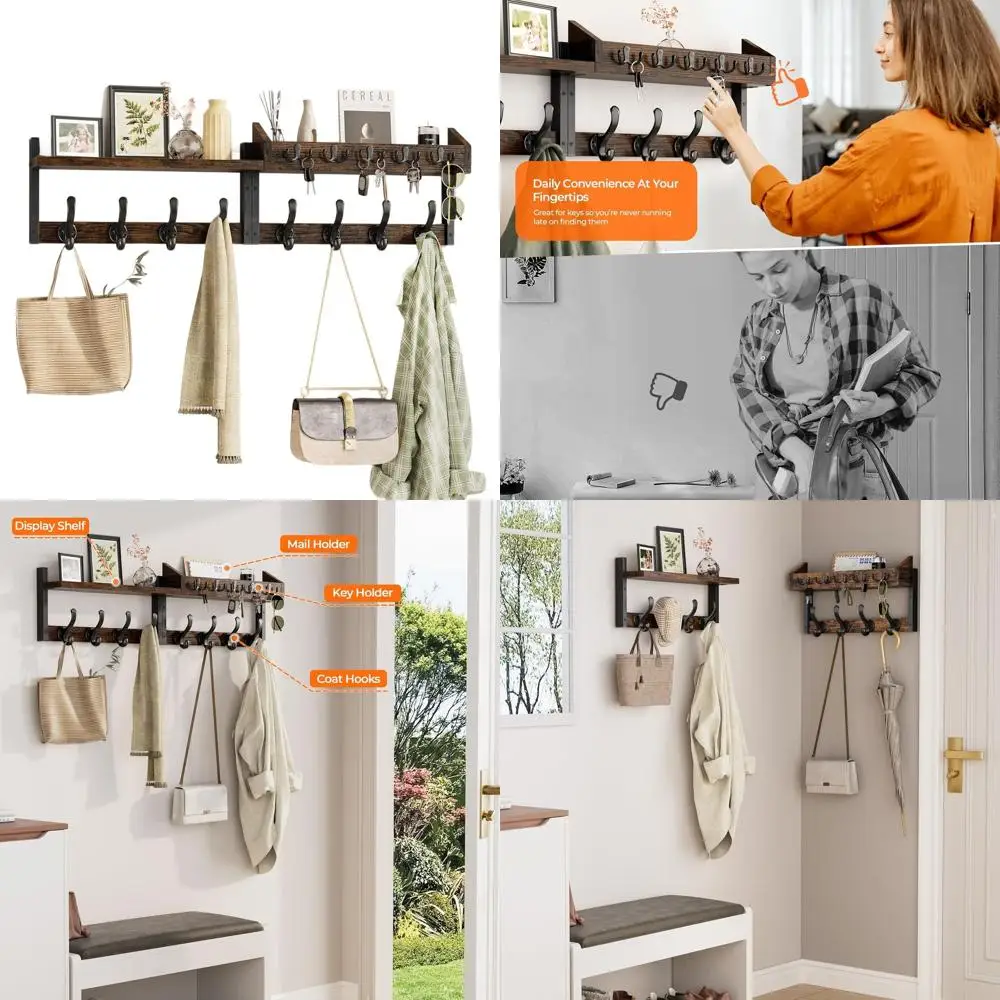 

Настенная вешалка для одежды с 13 крючками, полкой и держателем для почты, цвет: рустик-коричневый, подходит для прихожей, гостиной или спальни