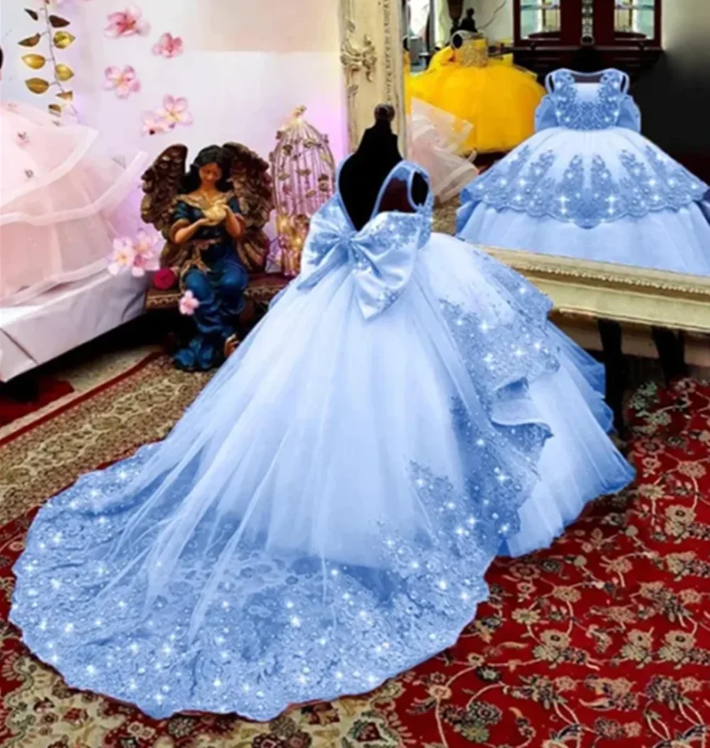 فستان فتاة الزهور مخصص لحمالات الزفاف مع فيونكة من الساتان لحفلات أعياد الميلاد الأولى للأطفال #3