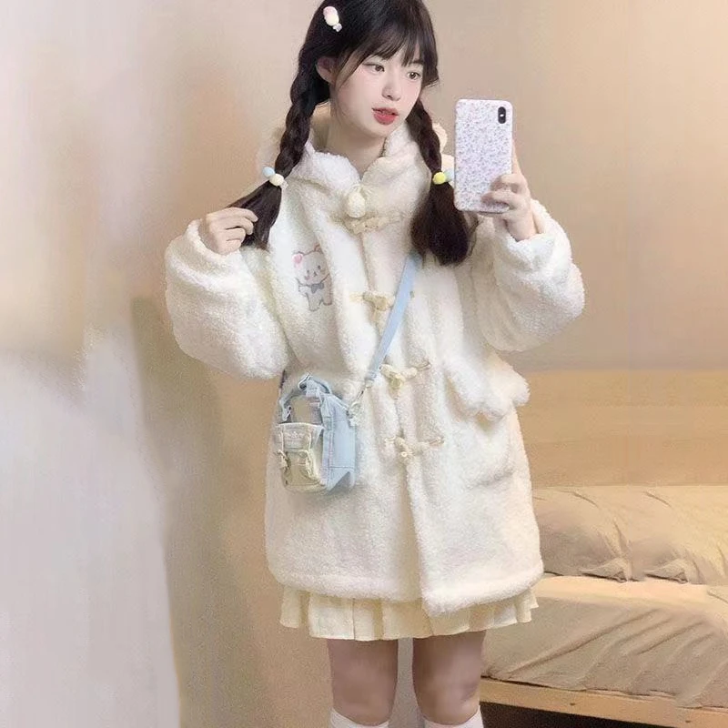 Japanese Style Lamb Plush Teddy Bear Printed Jacket For Women's Winter New Hooded Cow Horn Button Cute Plush Sweater Sweet