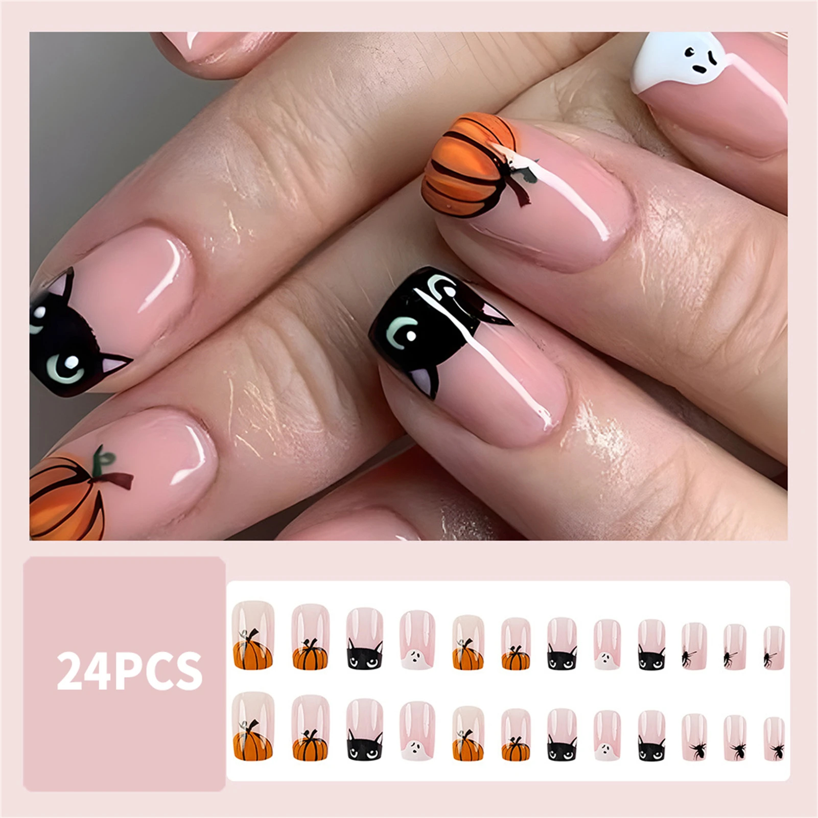 Pink Fake Nails with Halloween Theme Tip Chip-Proof Smudge-Proof Fake Nails for Women and Girl Nail Salon