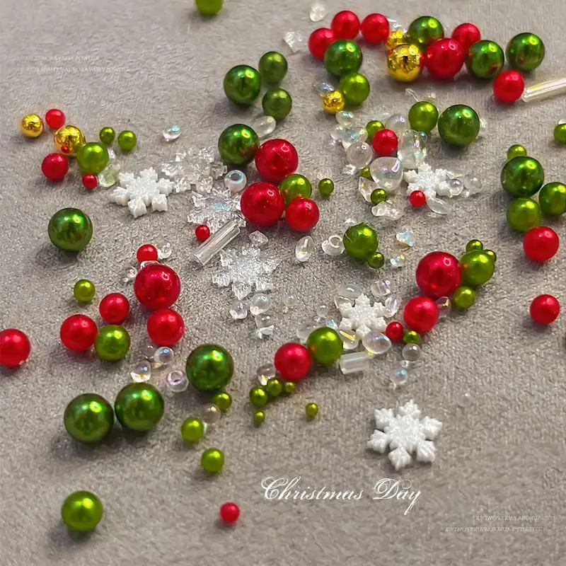 1 Box Christmas Red/Green Pearl Nail Rhinestone Mixed Size Pearlescent Colorful Beads Charms Christmas Manicure Jewelry