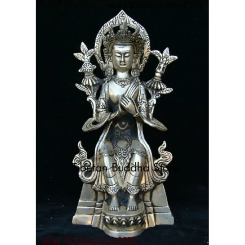 

8" Old Tibetan Buddhism Silver Heavenly crown Maitreya Bodhisattva Buddha Statue