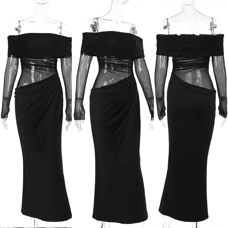 Robe de soirée transparente en maille pour femmes, Sexy, Patchwork, soirée, anniversaire, boîte de nuit, épaules dénudées, manches longues, froncée, robe Maxi de bal