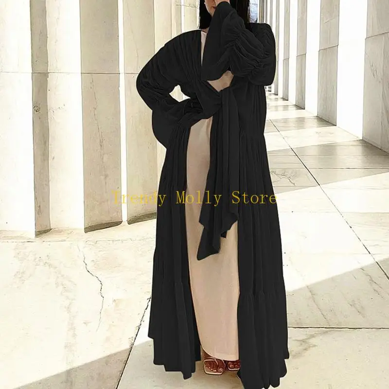 

N5KB Стильная мусульманская одежда Элегантный мусульманский кардиган накидка с пышными рукавами длинное платье