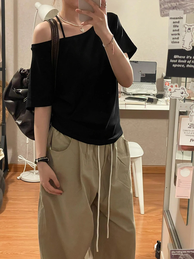 Bla Off-oulder Loose ort-Sve T-irt Women's Summer New Sle Pure Desire Spicy Girl Diagonal Collar Bone Exposure Top