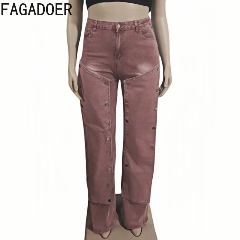 FAGADOER High-quality Fashion Wine Red Straight Leg Denim Pants Women High Waist Irregular Patchwork Jeans Female Bottoms New
