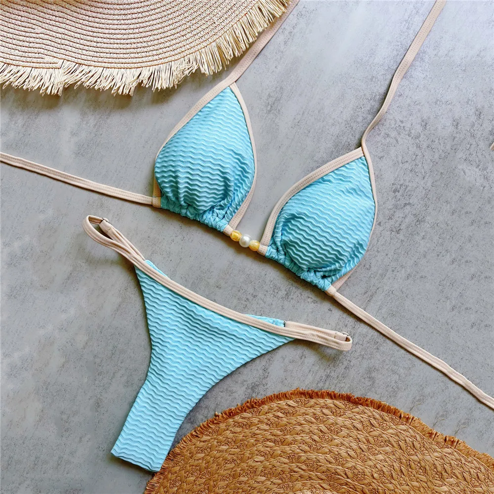 

Light Blue Ribbed Swimwear String Halter Triangle Bikini Micro Mini Thong Sexy Swimsuit Women 2025 Bathing Suit Bikini Donna
