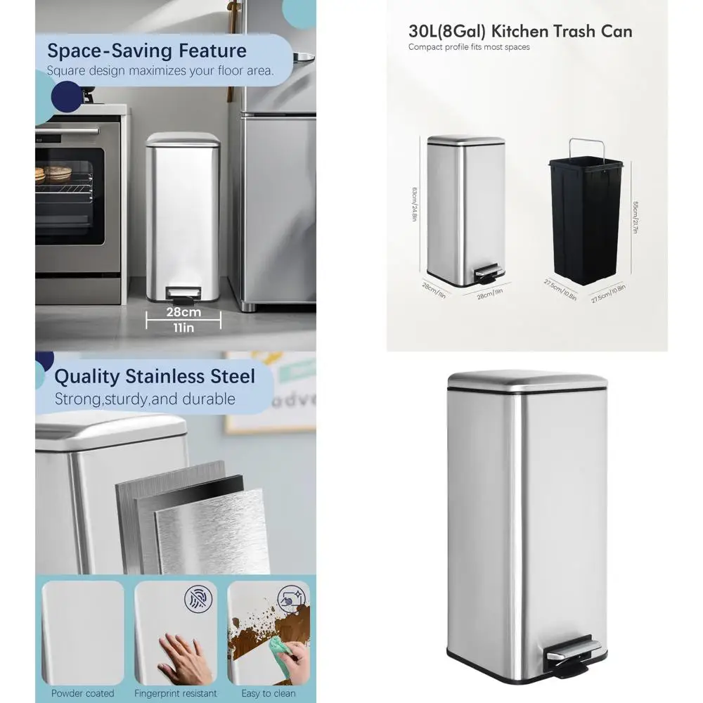 

8 Gallon Square Stainless Steel Trash Can with Pedal, 30L Kitchen/Laundry/Office Garbage Bin, Silver
