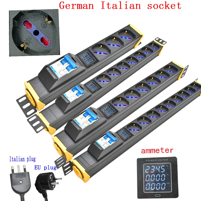 

PDU power strip network cabinet rack 1-9 way German Italian socket Air Switch 2M line 360 rotating bracket ammeter