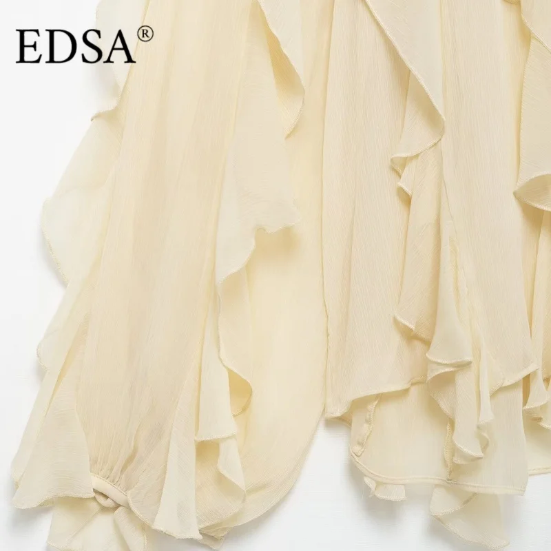 EDSA 女性半薄手のフリルシャツ V ネック長袖ブラウスボタンアップフロントファッション女性トップ