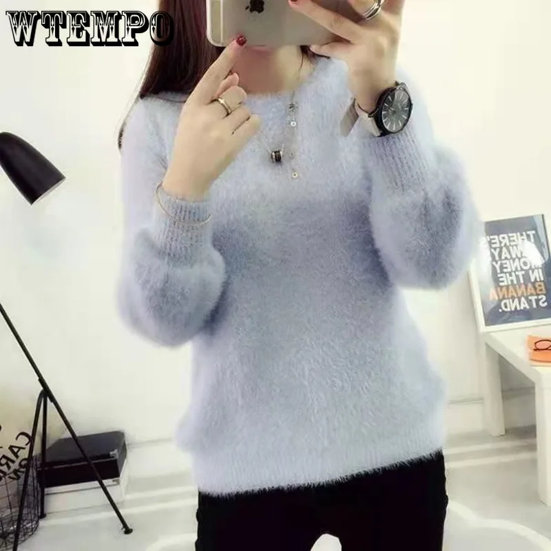 WTEMPO Round Neck Knitted Sweater Women\'s Loose Soft Pullover Solid Color Long Sleeve Fall Winter Jumper Thickened Warm Knitwear