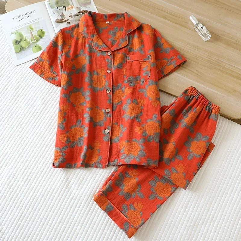 

Летняя пижама, хлопковый пижамный комплект для женщин среднего возраста, комплект из 2 предметов, жаккардовая домашняя одежда, брюки, одежда для сна с короткими рукавами