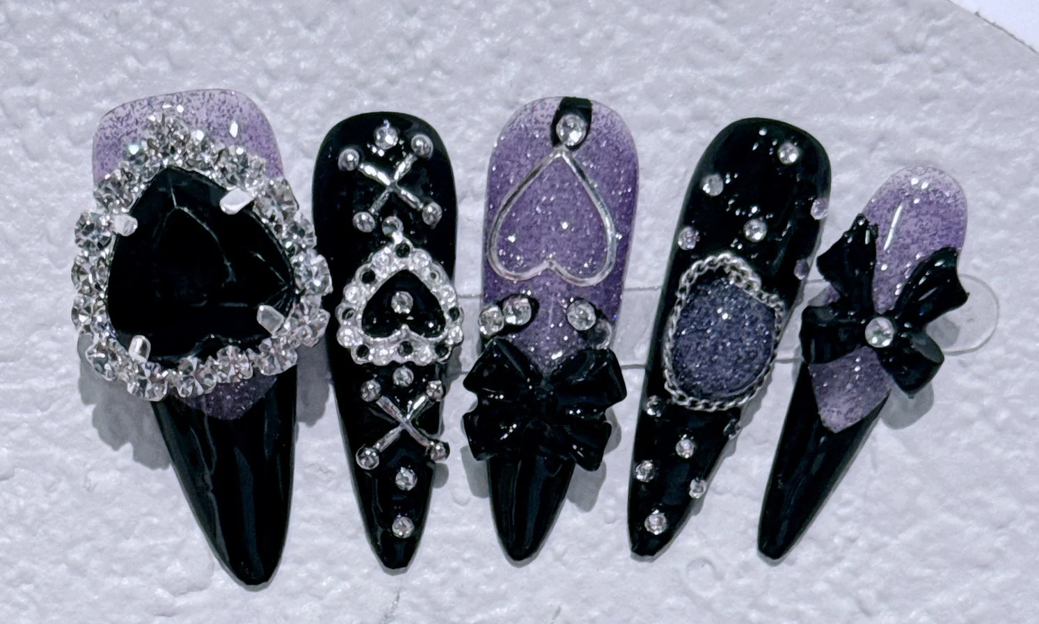 10 Uds. De uñas góticas hechas a mano con forma de punta larga, cadena de Metal Punk con diamantes de amor, cubierta completa de calle, regalo para uñas postizas