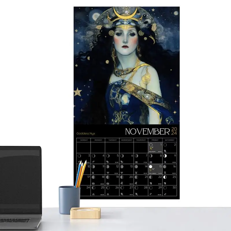 ปฏิทิน2024เทพธิดาแห่งความมืดปฏิทินติดผนังสีดำขั้นตอนของดวงจันทร์ตำนานเทพเจ้ากรีกของขวัญความสวยงามเข้มสำหรับห้องคนป่าเถื่อนสไตล์โบโฮ