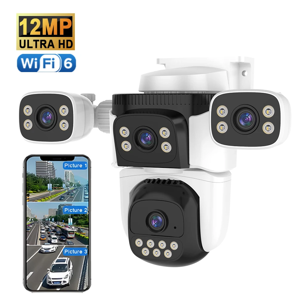 

July003 CS621FR 12MP Outdoor WiFi CCTV Camera PTZ Night Vision Four Lenses Two Way Audio IP Network Compatible Wide Angle for Cl