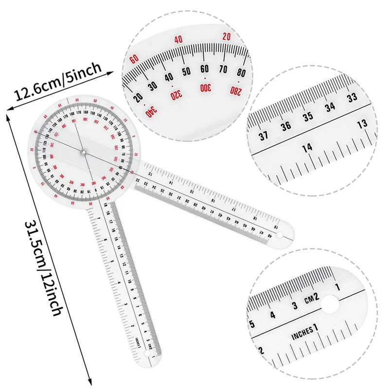 AB47-3 Stuks 12 Inch Goniometer, Transparante Orthopedische Hoekliniaal Plastic Goniometer 360 Graden Spinale Goniometer