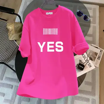여성용 레터 YES 프린트 반팔 티셔츠, 세련된 코튼, 베이직 O-넥 탑 티, 캐주얼 루즈 풀오버, 여름 패션
