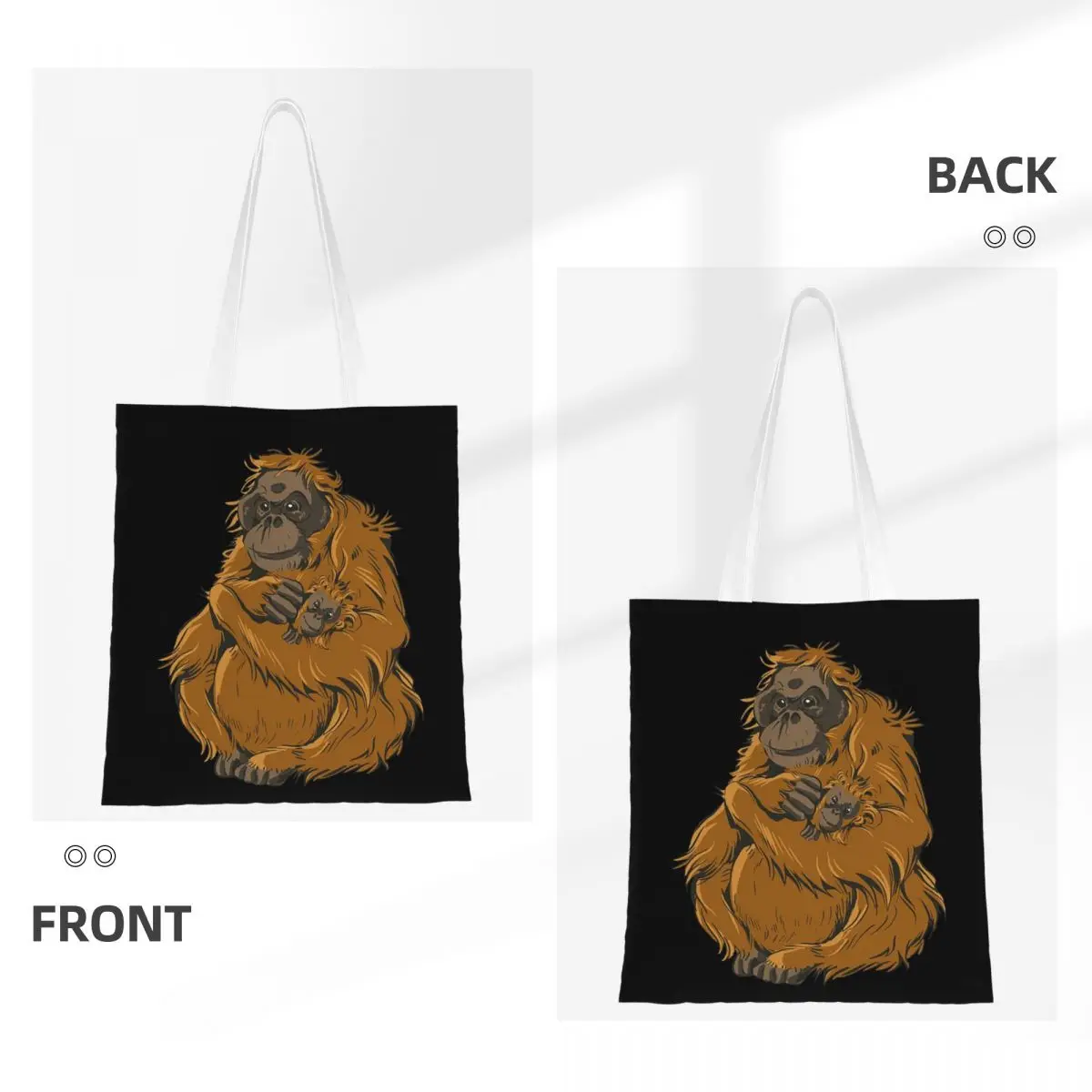 กระเป๋าช้อปปิ้งลายครอบครัวลิงอุรังอุตัง ผ้าแคนวาส กระเป๋าสะพายข้างพับได้สำหรับผู้หญิง กระเป๋าถือสำหรับเดินทาง