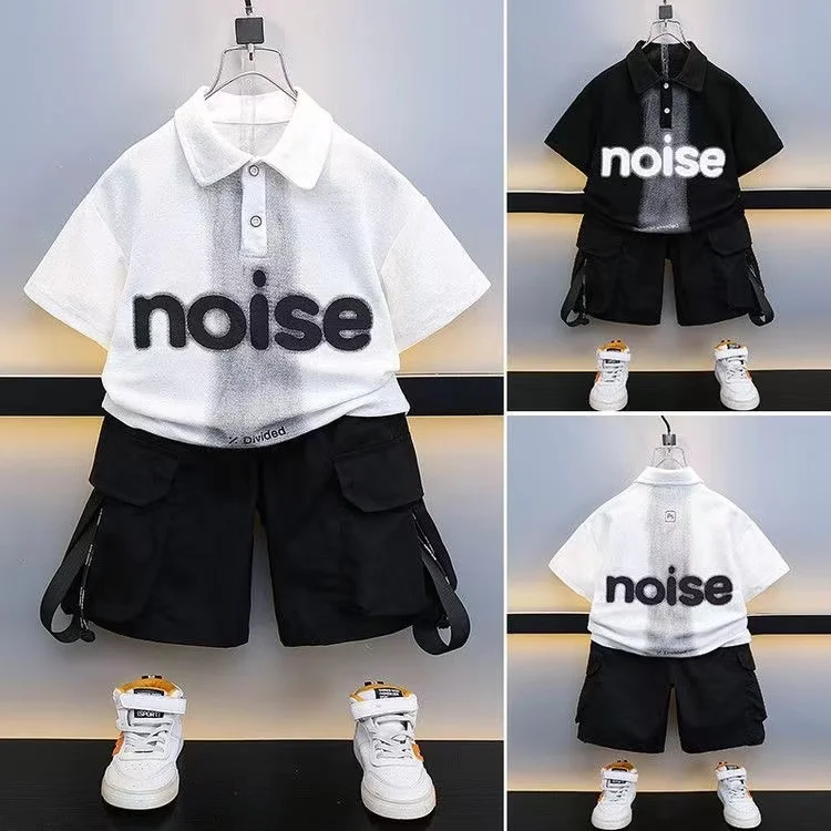 

Boys Summer 2025 New Children Lapel Korean Letter Pullover Short Sleeve T-shirt+Fashion Black Shorts 2pcs Set Kids Sport Clothes