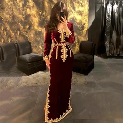 Burgundy Moroccan Kaftan Muslim Evening Dresses Sheath Long Sleeves Velvet Dubai Arabic Caftan Abaya Islamic Gown Customized