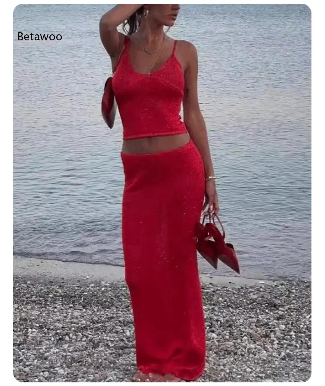 Women Sequin 2 Piece Outfit, Cami Crop Top & Maxi Skirt Set