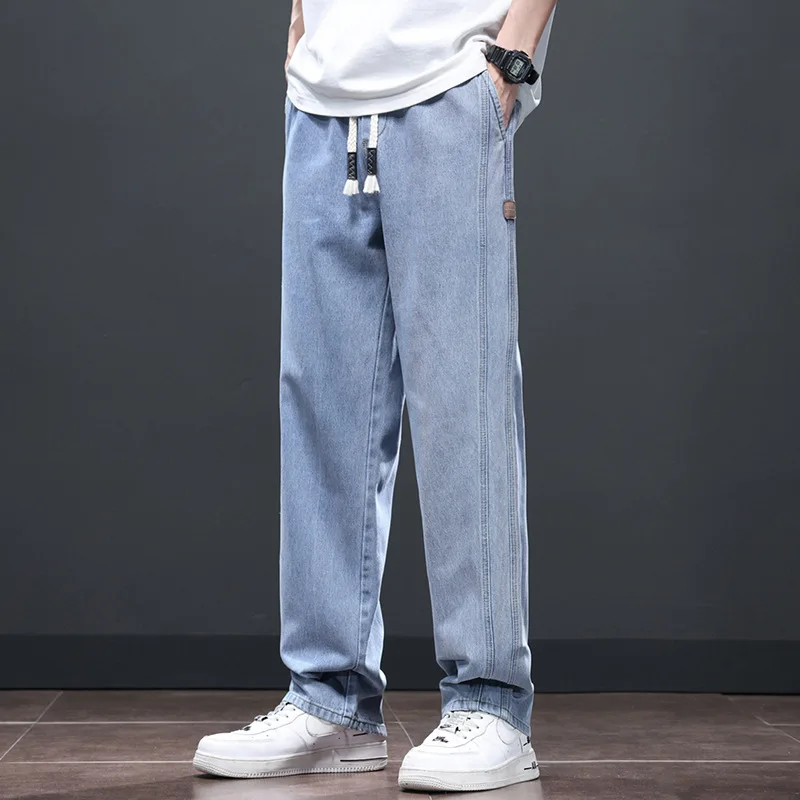 Spring New Lace Elastic Waist Jeans Men Loose Thin Material Wide Legged Mens Pants Light Blue Straight Leg Male Clothing