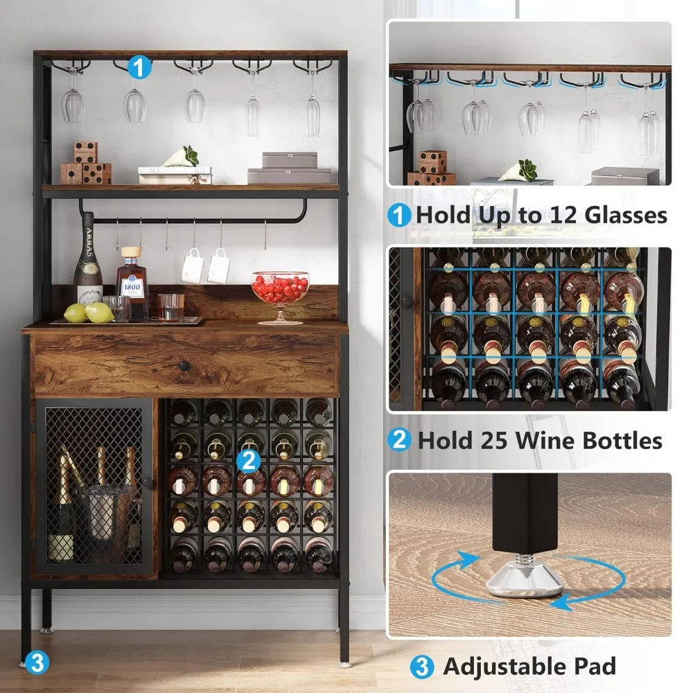 Independent bar rack, coffee bar cabinet with glass bottle rack, floor standing wine cabinet for home kitchen, restaurant, brown