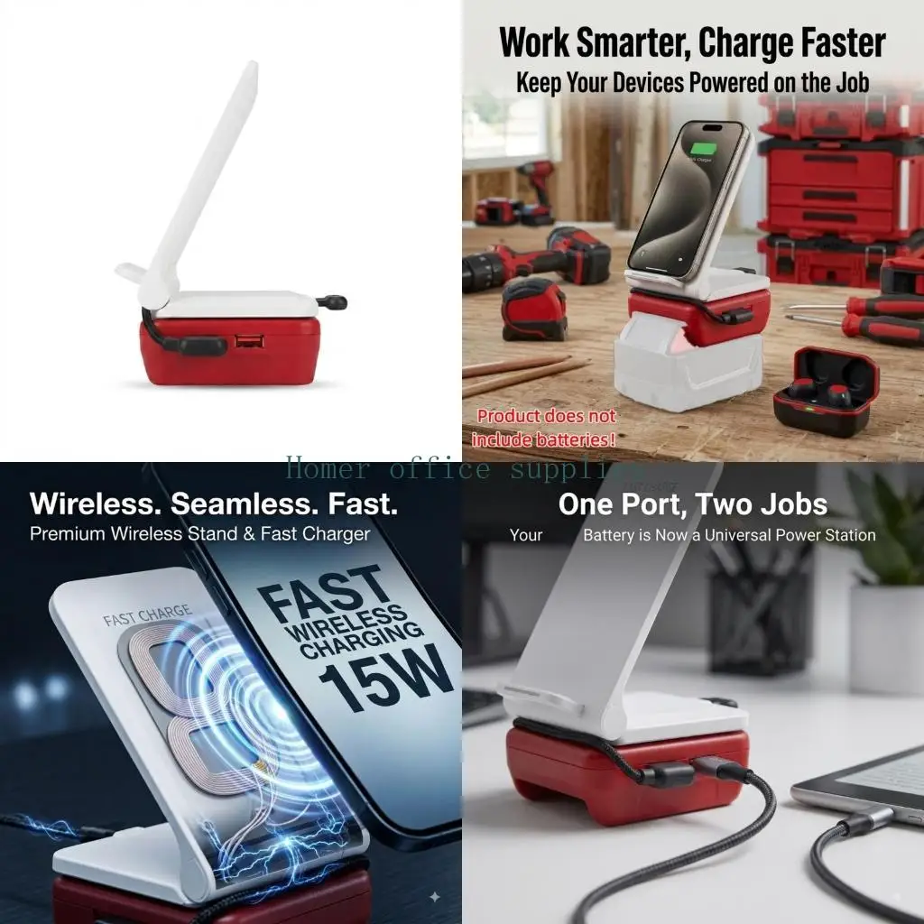 K43B Portable Wireless Battery Charging Adapter Stand with Foldable Charging Panel USB Port for BL1845, BL1860 Battery for