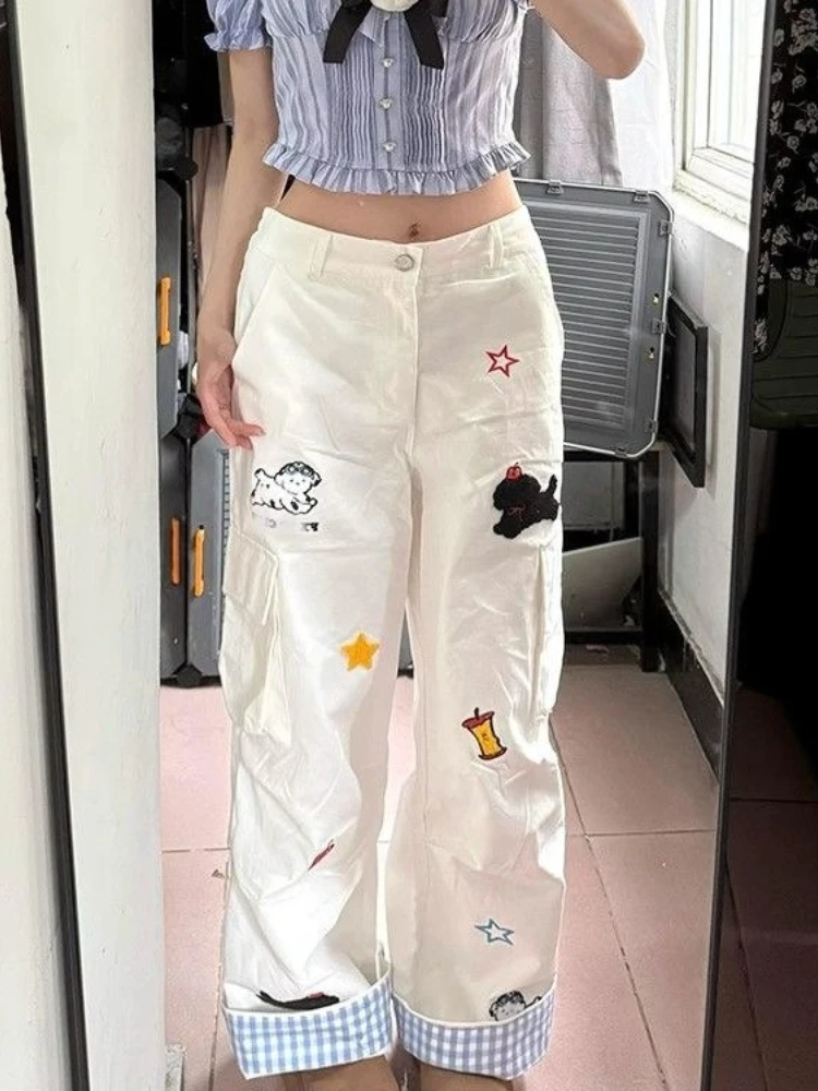

Широкие брюки с вышивкой собаки в американском стиле ретро, женские прямые джинсы с высокой талией, джинсовые брюки в клетку с манжетами и несколькими карманами Y2k