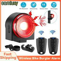 Camluxy Waterproof Smart Auto Brake Sensing Light Wireless Bike Burglar Alarm USB Charge Remote Control Bicycle Anti Theft Lamp