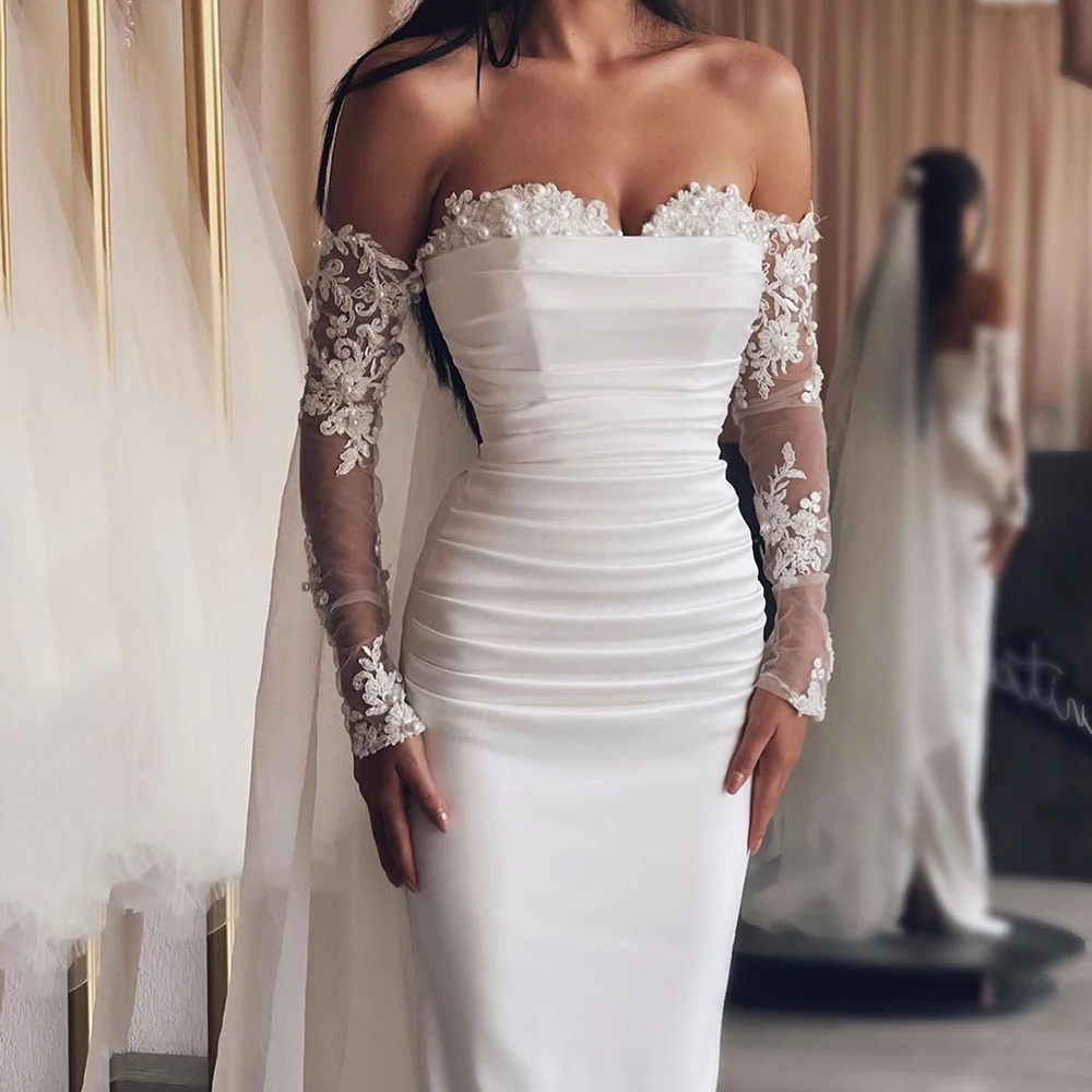 

Charming Boho Wedding Dresses For Women Pearls Lace Off The Shoulder Long Sleeves Pleats Mermaid Bridal Gowns Vestidos De Novia