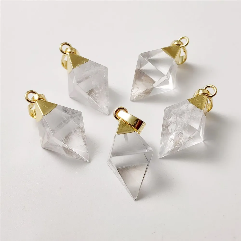 FUWO Wholesale Natural Clear Quartz Pendant,High Quality Golden Plated White Crystal Accessories For Women Jewelry Making PD106C