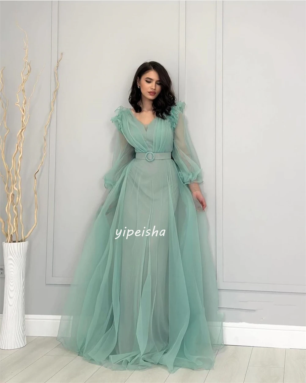 Exquisite Net Sash Ruffle Pleat Ruched A-line V-neck Long Dresses Sweep/Brush Prom Dresses Unisex Simple Fashion Elegant