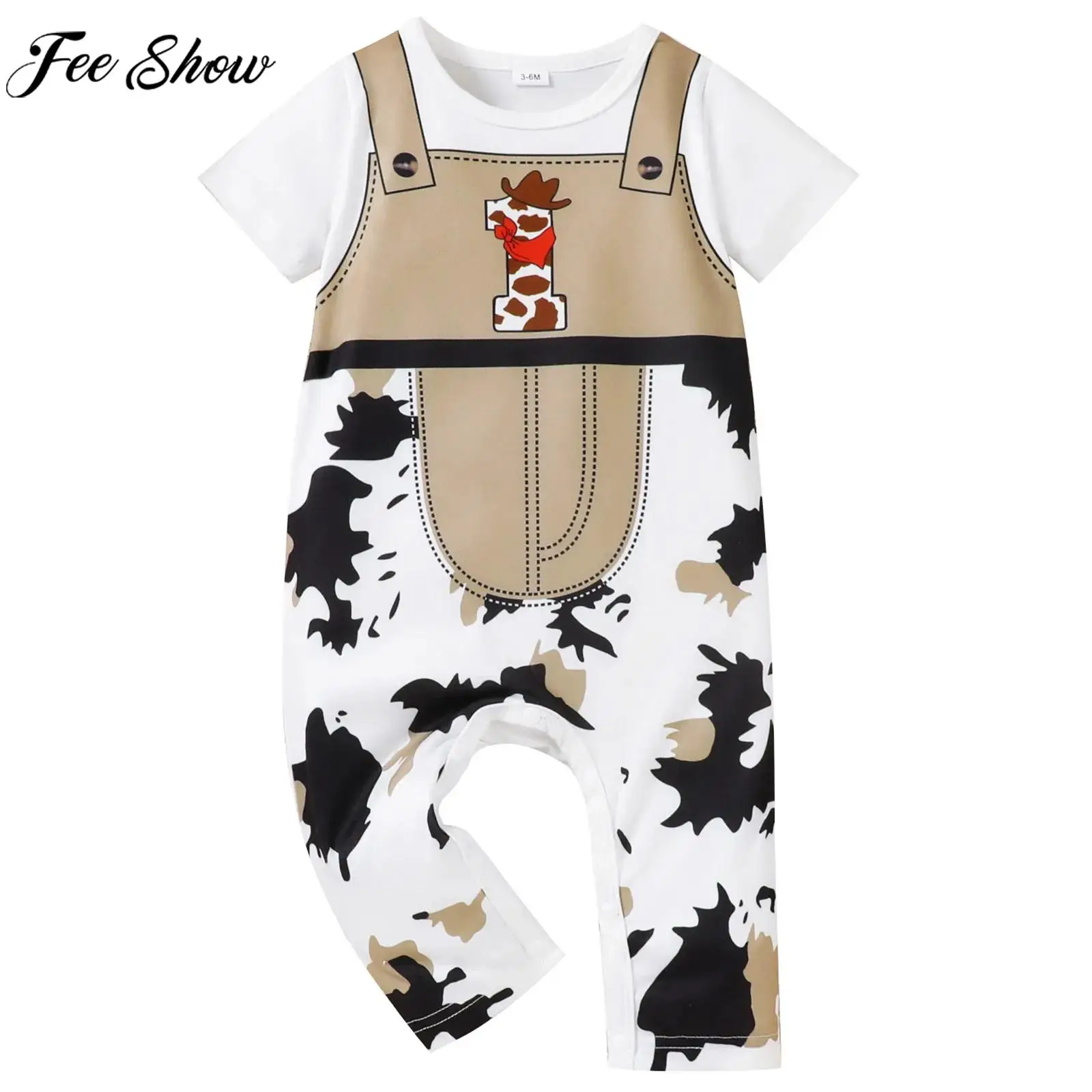 

Infant Boys 1st Birthday Western Cowboy Romper Short Sleeve Cow Print Bodysuit Halloween Party Casual Daily Photography Costume
