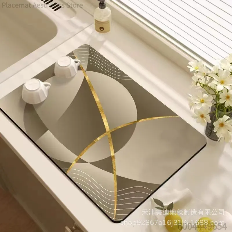 Floral & Modern Geometric Line Print Super Absorbent Drying Mat Waterproof Kitchen Counter Drain Pad Decor Placemat