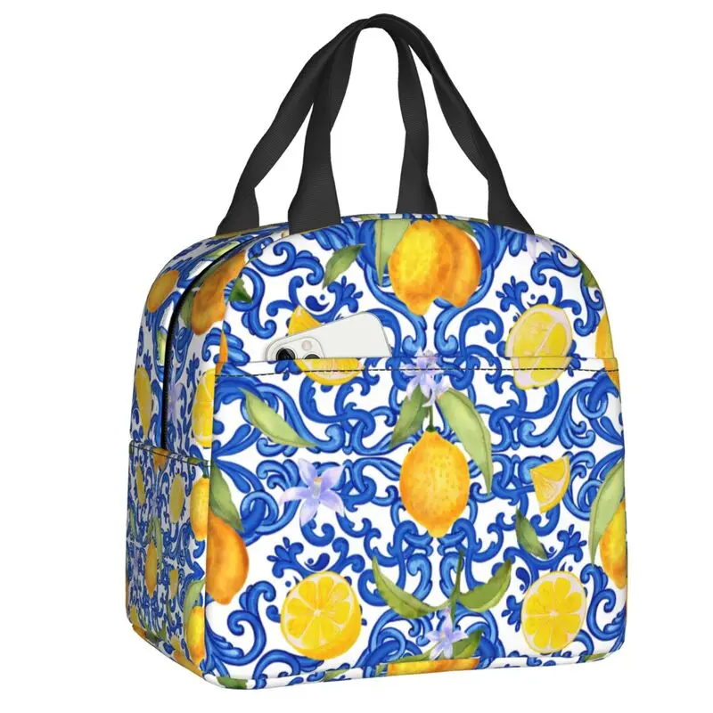 Summer Fruit Lemons Mediterranean Tiles Insulated Lunch Bag for Women Leakproof Cooler Thermal Bento Box Office Work School