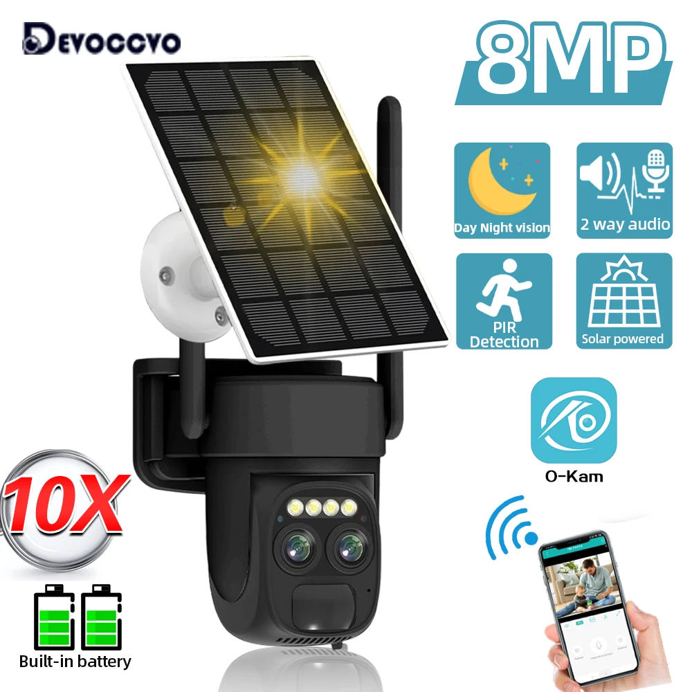 4K 8MP Dual Lens Wifi Solar Camera 10X Zoom Outdoor Battery Powered Human Detection Wireless Security CCTV Surveillance Camera
