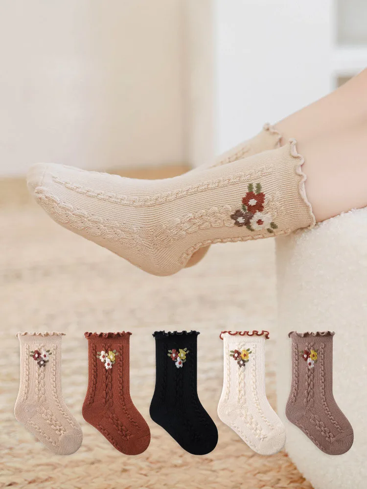 

5Pairs/Lot Baby Girls Socks 2024 Autumn Winter New Children's Socks Cute Ruffle Girls Cotton Princess Socks