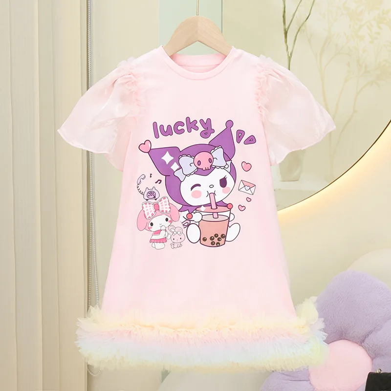 

2024 Girly Heart Kuromi Anime Kawaii Sanrio Hoodie Summer Dress Cute Cartoon Short Sleeve Mesh Skirt Clothing Gifts for Girls