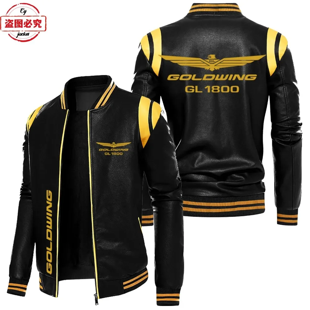 Golden Wing 1800 Motorcycle LOGOpu Leather Jacket Windproof Men's Autumn and Winter Fleece Contrast Leather Jacket