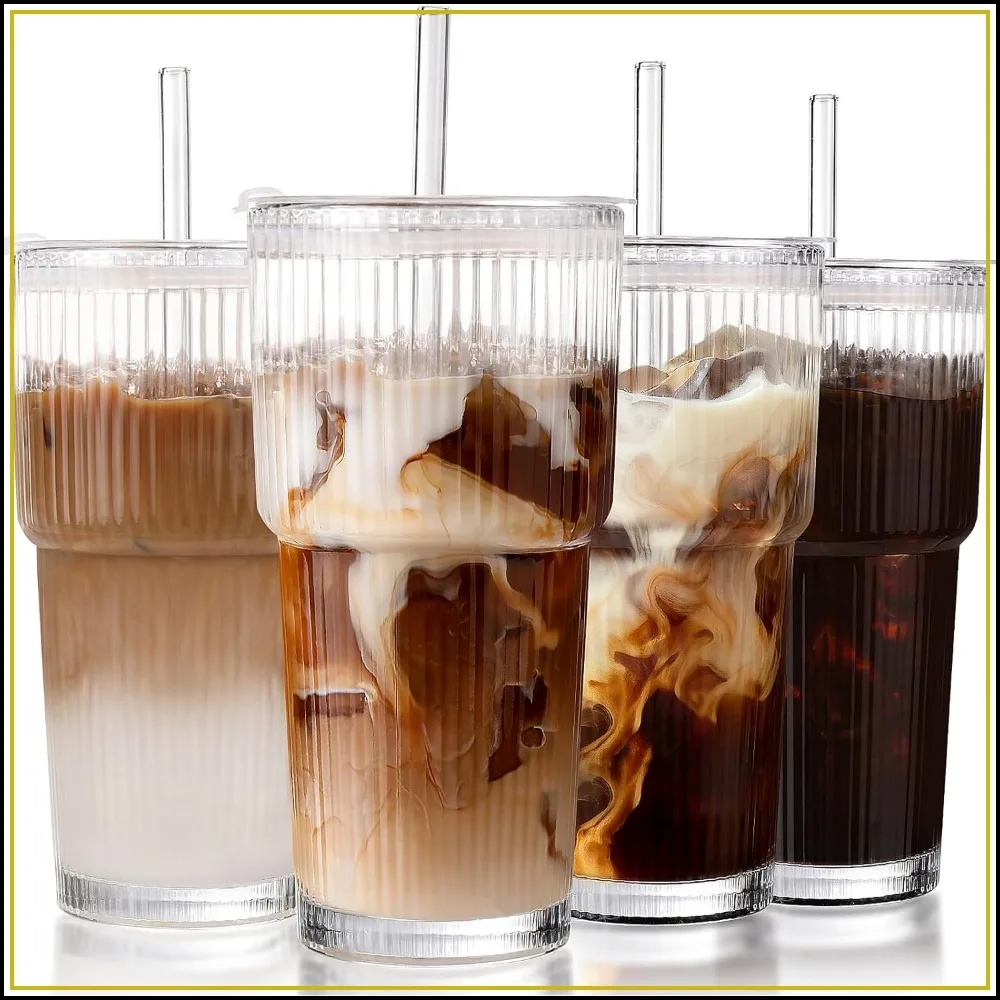 

20oz Ribbed Glass Tumbler Set with Lids & Straws - Leak Proof Iced Coffee Cups, Reusable, Car Cup Holder Friendly