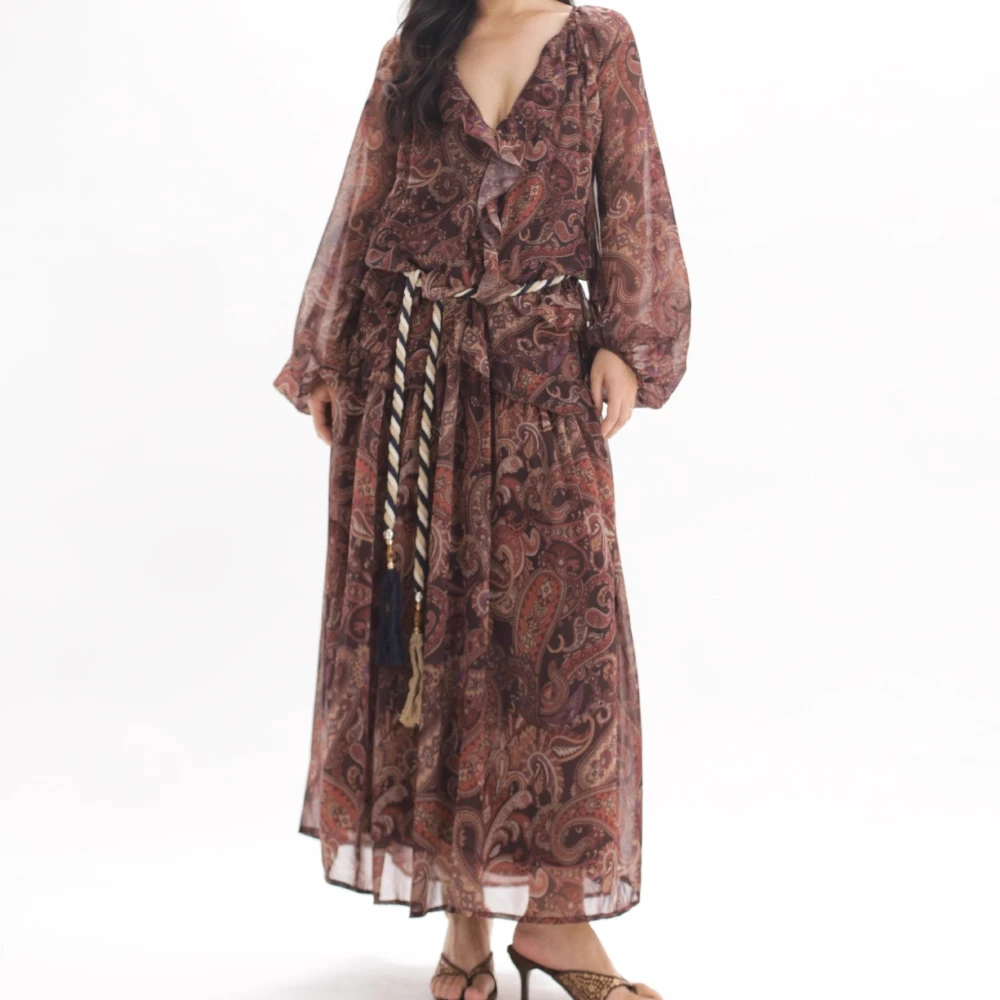 Primavera Autunno Increspature larghe Abiti in chiffon vintage Donna Stampato floreale Boho Beach Maxi abito Robe Abiti casual a maniche lunghe