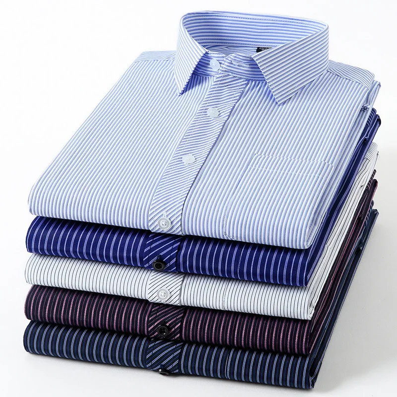 5XL Spring and Autumn New Men\'s Long Sleeve Shirt Thin Business Casual No Iron Summer Large Stripe Pocket Slim Fit