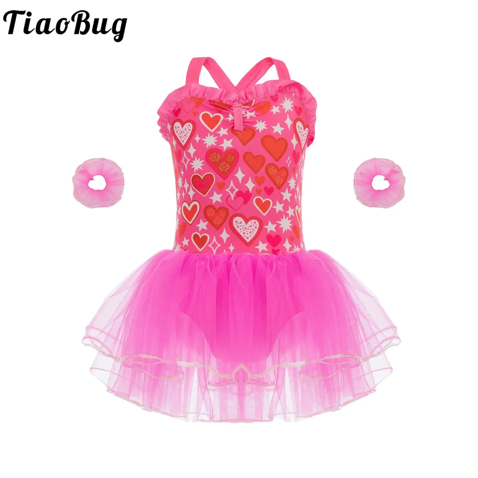 

Kids Girls Tutu Skirted Ballet Dance Leotards Ballerina Performance Dress Sleeveless Print Mesh Tulle Dance Dress And Arm Sleeve