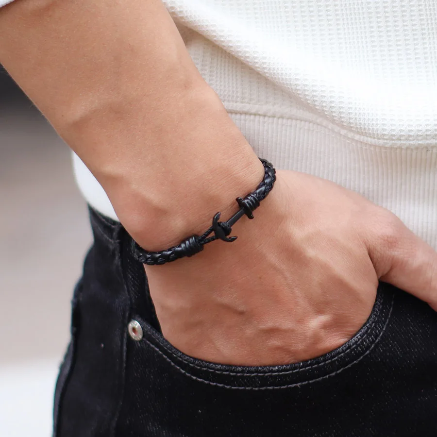 Neue Mode Männer Leder Armband Kreative Schwarz Anker Armband Nautischen Surfen Hand Zubehör In 3 Größen Punk Armreif Hombre – Detail 4