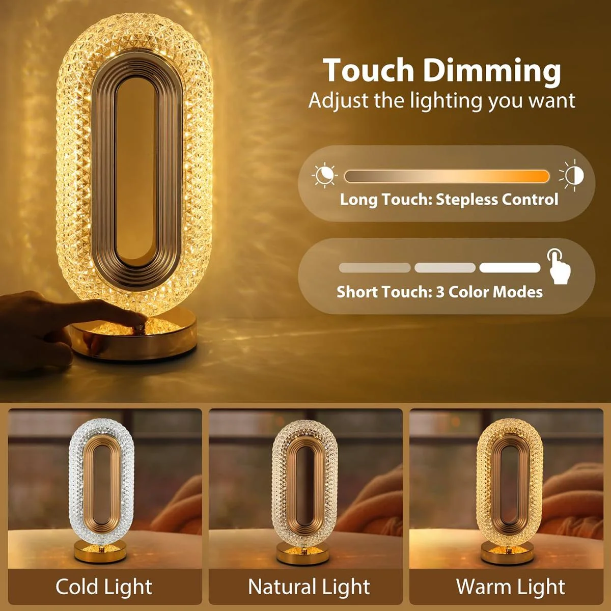 Modern Portable Crystal LED Table Lamp 3-Level Brightness Touch Control Rechargeable Desk Lamp 3 Color Settings Night Light 1pc