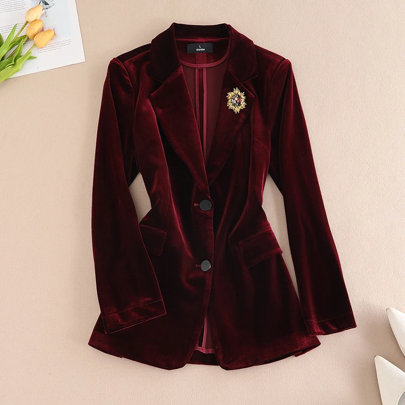 

Костюм женский из золотистого бархата цвета красного вина, высококачественный, новый, 2025 год, для деловых встреч, стильный, с длинными рукавами...