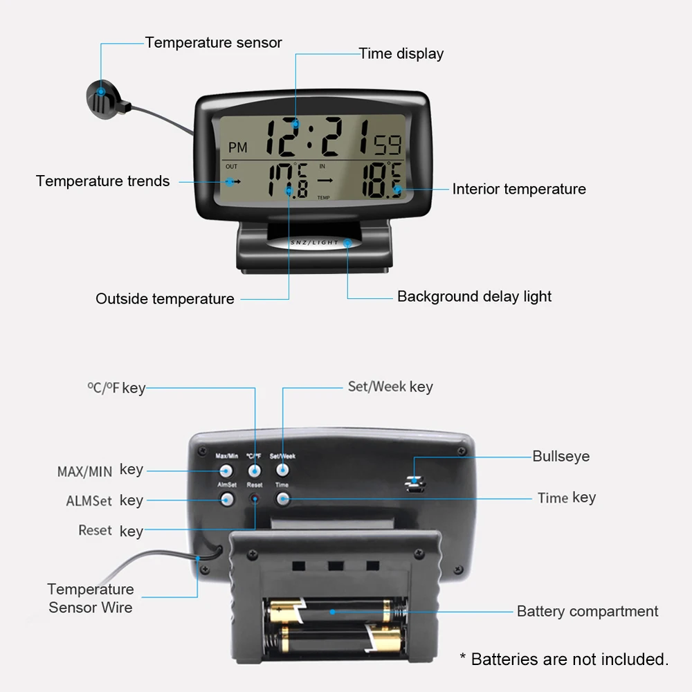 Car Clock Thermometer 2 in 1 Digital Clock & Temperature Meter with Backlit LCD Display 12H/24H Switching for Indoor & Outdoor