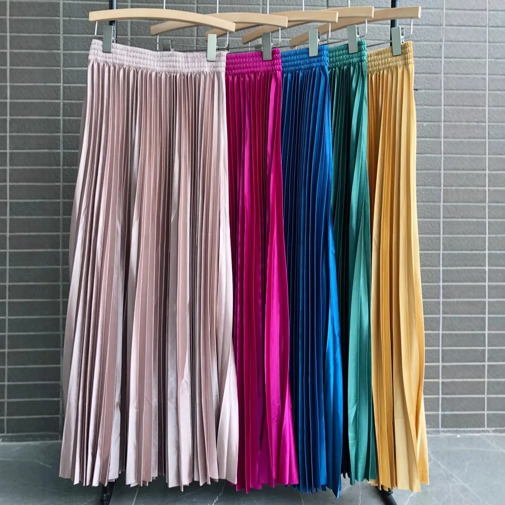 Seoulish 2025 New Spring Summer Satin Pleated Long Skirts Chic High Waist Elegant Beach Solid Umbrella Maxi Skirt Female